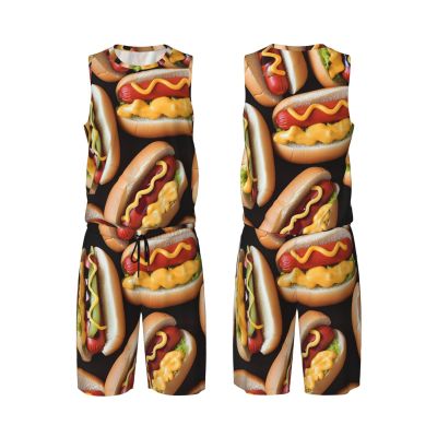 Mens Basketball Jerseys Fun Food Hot Dogs Uniform Suit Mesh Sports Jersey Outfits T-Shirt and Short Sets Black