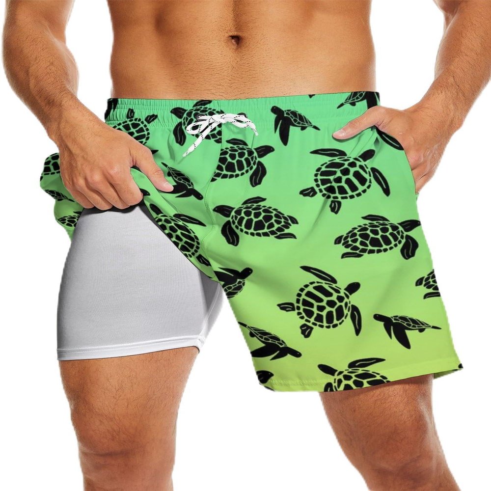 MSCPZH Mens Swim Trunks with Compression Liner Sea Turtle Swimming Trunks 7 inch Inseam Shorts Quick Dry with Pockets