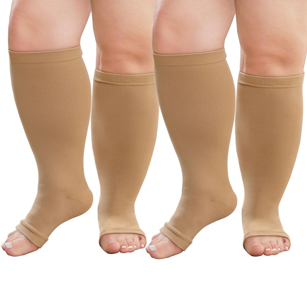 CaiDieNu Plus Size Compression Socks: Open Toe Wide Calf Compression Socks for Women and Men Knee High Toeless Nurse Travel Beige 5XL