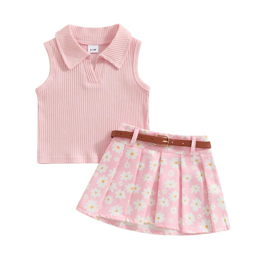 JLKGICF Toddler Girl Summer Outfit Solid Ribbed Knit Tank Tops Floral Print Pleated Mini Skirts with Belt 2Pcs Clothes Set (Cute Daisy Pink, 2-3 Years)