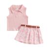 JLKGICF Toddler Girl Summer Outfit Solid Ribbed Knit Tank Tops Floral Print Pleated Mini Skirts with Belt 2Pcs Clothes Set (Cute Daisy Pink, 2-3 Years) view 1