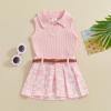 JLKGICF Toddler Girl Summer Outfit Solid Ribbed Knit Tank Tops Floral Print Pleated Mini Skirts with Belt 2Pcs Clothes Set (Cute Daisy Pink, 2-3 Years) view 2