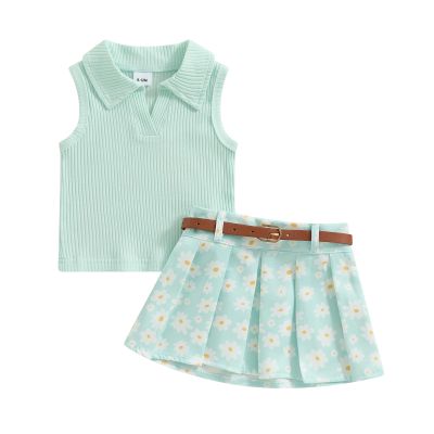 JLKGICF Toddler Girl Summer Outfit Solid Ribbed Knit Tank Tops Floral Print Pleated Mini Skirts with Belt 2Pcs Clothes Set (Cute Daisy Green, 12-18 Months)