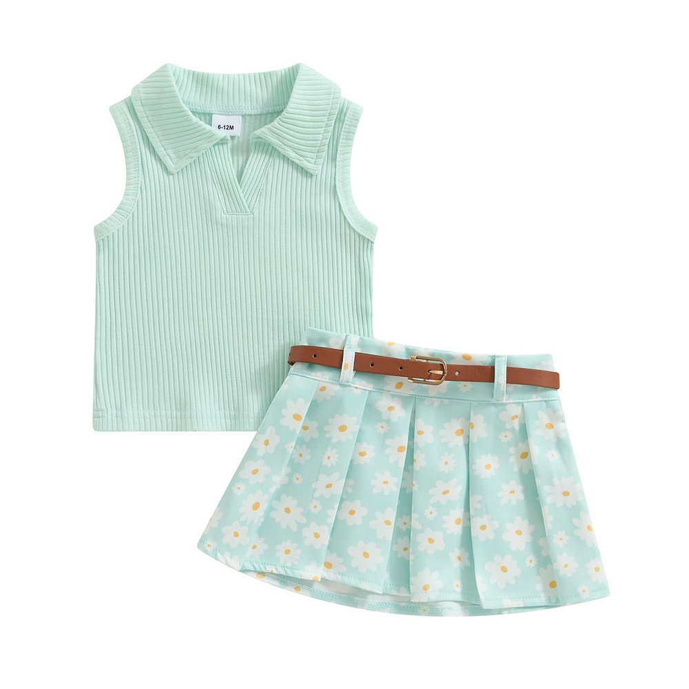 JLKGICF Toddler Girl Summer Outfit Solid Ribbed Knit Tank Tops Floral Print Pleated Mini Skirts with Belt 2Pcs Clothes Set (Cute Daisy Green, 12-18 Months)