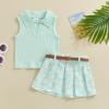 JLKGICF Toddler Girl Summer Outfit Solid Ribbed Knit Tank Tops Floral Print Pleated Mini Skirts with Belt 2Pcs Clothes Set (Cute Daisy Green, 12-18 Months) view 2