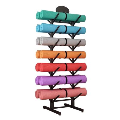 CMYUN Yoga Mat Holder Metal Floor Standing Yoga Mat Stand, Home Gym Office Yoga Mat Storage/Yoga Mat Basket, Dual Rows Hold 14 Pieces of Exercise Equipment (Color : Black)