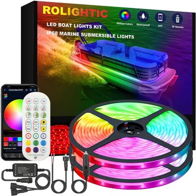 ROLiGHTiC Marine Submersible Boat LED Strip Lights, 66FT IP68 Waterproof Underwater Boat RGB Lights, Boat Deck Light, Under Boat Lights for Night Fishing Pontoon Boats, RF/APP Control