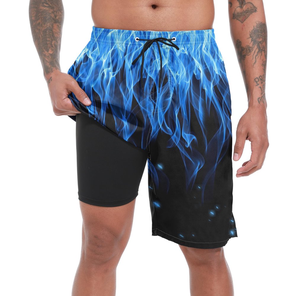 FT FENTENG Mens Swim Trunks with Compression Liner, Blue Flame Men Bathing Suit Swimming Trunks 9 inch Inseam Board Shorts Men's Swimwear, 4 Way Stretch Beach Shorts Quick Dry Swimsuits, XXL