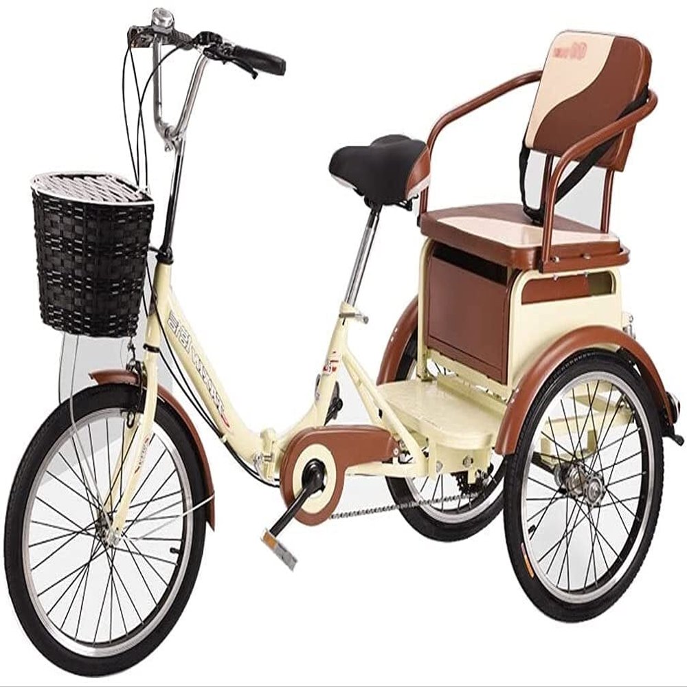 HAOKAZLBR Adult Tricycle, Adult Trikes for Shopping Travel Tricycle for Adults Tricycle Adult, 6 Speed Foldable 3 Wheel Cruiser Bike Trike 20 Inch Wheels Three-Wheeled Bicycle with Children Rear Seat
