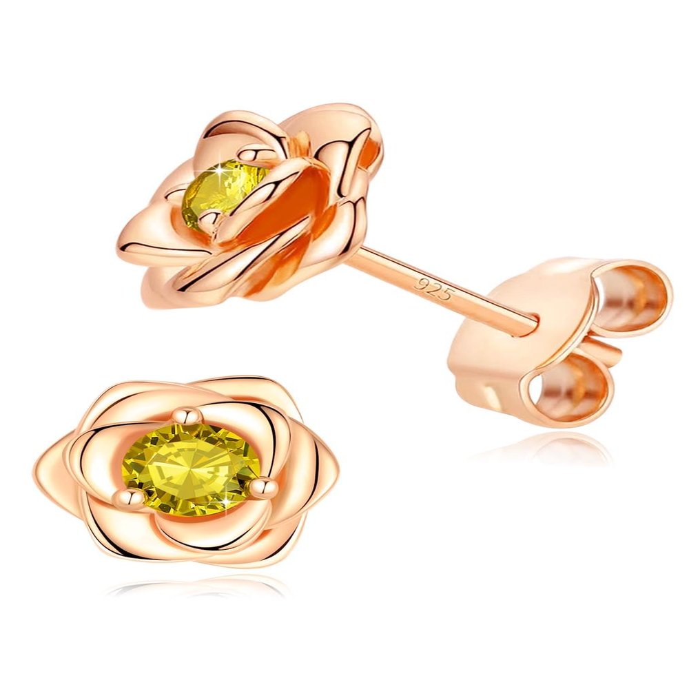 14K Gold Plated 925 Sterling Silver Post Rose Flower Stud Earrings for Women Birthstone Cubic Zirconia Studs Earrings Hypoallergenic & Nickel Free Jewelry Rose Gold Plated Citrine