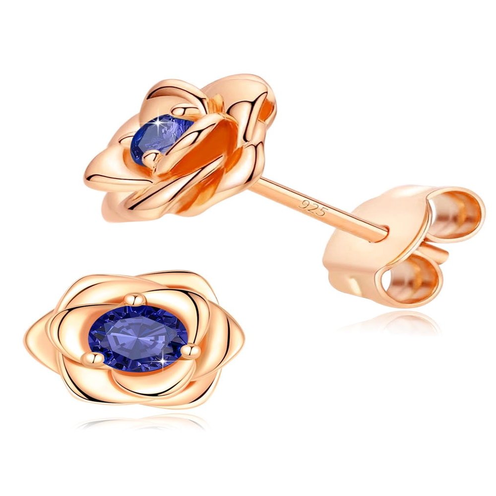 14K Gold Plated 925 Sterling Silver Post Rose Flower Stud Earrings for Women Birthstone Cubic Zirconia Studs Earrings Hypoallergenic & Nickel Free Jewelry Rose Gold Plated Sapphire