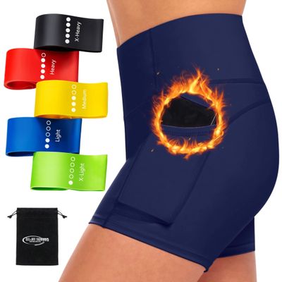 M&M SCRUBS Women's High Waist Yoga Shorts Tummy Control Deep Pockets with 5 Set of Exercise Workout Bands Combo Pack (Medium, True Navy Blue with Resistance Bands)