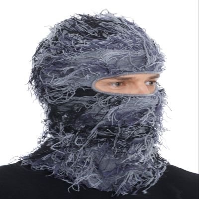 ROXUN Distressed Ski Mask Balaclava, Yeat Shiesty Fluffy Knitted Full Face Mask for Men/Women Gray Mixed