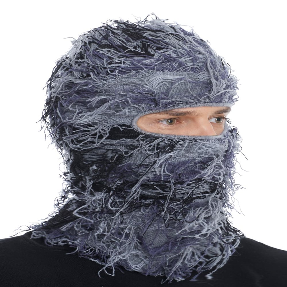 ROXUN Distressed Ski Mask Balaclava, Yeat Shiesty Fluffy Knitted Full Face Mask for Men/Women Gray Mixed