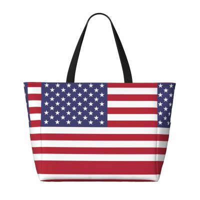 Trukd American Flag Spacious Large Capacity Beach Travel Bag - Foldable Beach Bag Tote Bag With Zipper, Black, TD-STB12153C