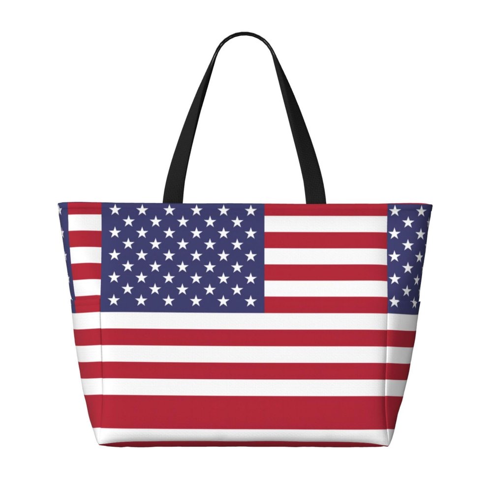 Trukd American Flag Spacious Large Capacity Beach Travel Bag - Foldable Beach Bag Tote Bag With Zipper, Black, TD-STB12153C