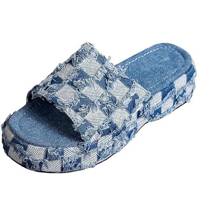 ZJWBB Women's Denim Cloth Heckered Jean Flat Mules Open Toe Wedge Slippers Platform Clogs Non-Slip Boho Sandals Close Pointed Toe Heels Backless Slip-On Loafers Walking Flip Flops