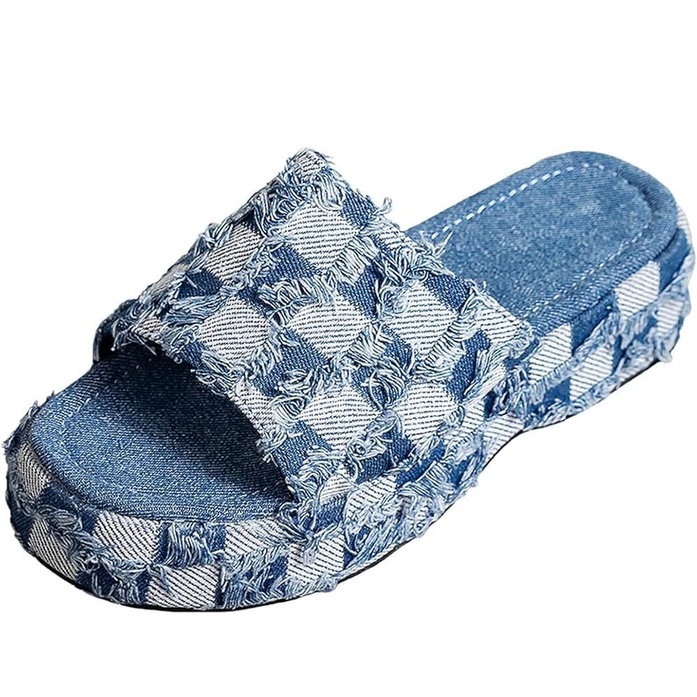 ZJWBB Women's Denim Cloth Heckered Jean Flat Mules Open Toe Wedge Slippers Platform Clogs Non-Slip Boho Sandals Close Pointed Toe Heels Backless Slip-On Loafers Walking Flip Flops
