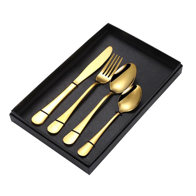 Luxury Golden Stainless Steel Flatware Set Portable Reusable Cutlery Set Travel Utensils Set each box Including Knife Fork Spoon Dishwasher Safe, Travel Utensils (total 4 boxs)