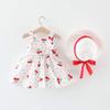 AMIMOJY Baby Girls Summer Dresses Infrant Halter Skirt Berry Prints Bow Princess Dress Toddler Outfit with Hat 2 Piece Set, 12-18 Months, Red view 2