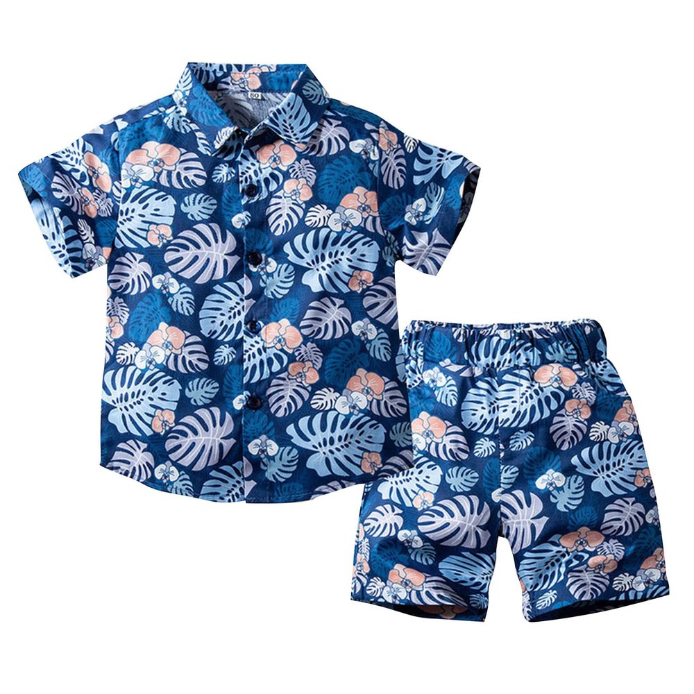 AMIMOJY Toddler Baby Hawaiian Summer Outfit Botton Down Short Sleeve Tops Leave Prints Shirt Shorts Boys Clothes 2 Piece Set, 3-4 Years, Blue