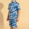 AMIMOJY Toddler Baby Hawaiian Summer Outfit Botton Down Short Sleeve Tops Leave Prints Shirt Shorts Boys Clothes 2 Piece Set, 3-4 Years, Blue view 3