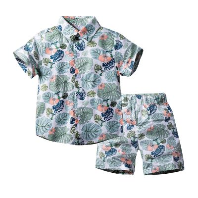 AMIMOJY Toddler Baby Hawaiian Summer Outfit Botton Down Short Sleeve Tops Leave Prints Shirt Shorts Boys Clothes 2 Piece Set, 5-6 Years, Green