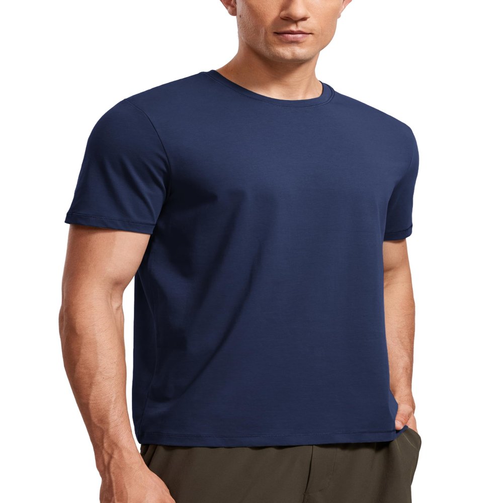 CRZ YOGA Men's Cotton Polyester Short Sleeve T-Shirt Classic Fit Casual Workout Tops Soft Premium Tee Night Sea Blue X-Large