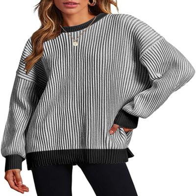Zeagoo Women 2026 Winter Oversized Sweater Crew Neck Long Sleeve Color Block Pullover Rib Knit Blouse Tops Re Black XX-Large