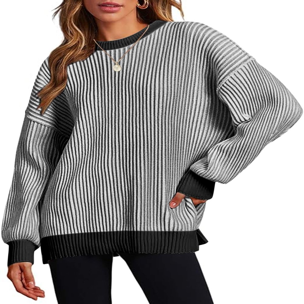 Zeagoo Women 2026 Winter Oversized Sweater Crew Neck Long Sleeve Color Block Pullover Rib Knit Blouse Tops Re Black XX-Large