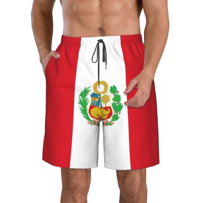 WURTON Flag of Peru Print Men's Swim Trunks Quick Dry Beach Shorts with Pockets Lining Swimwear Bathing Shorts White, X-Large
