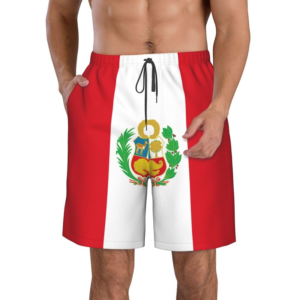 WURTON Flag of Peru Print Men's Swim Trunks Quick Dry Beach Shorts with Pockets Lining Swimwear Bathing Shorts White, X-Large