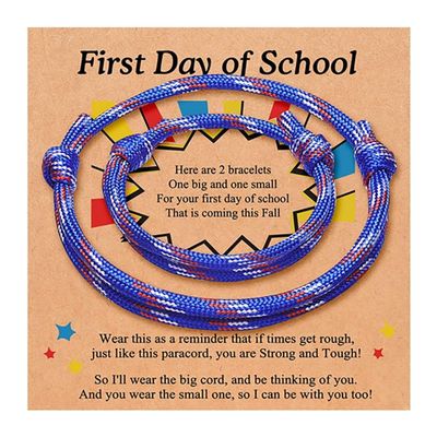2-3Pcs First Day of School Knit Rope Bracelet Love Between Mother/Father/Mama and Daughter/Son/Me Back To Scool Gifts Protection Anxiety Relief Colorful Nylon Woven Bracelet With Message Card (Blue(2Pcs), 2Pcs)