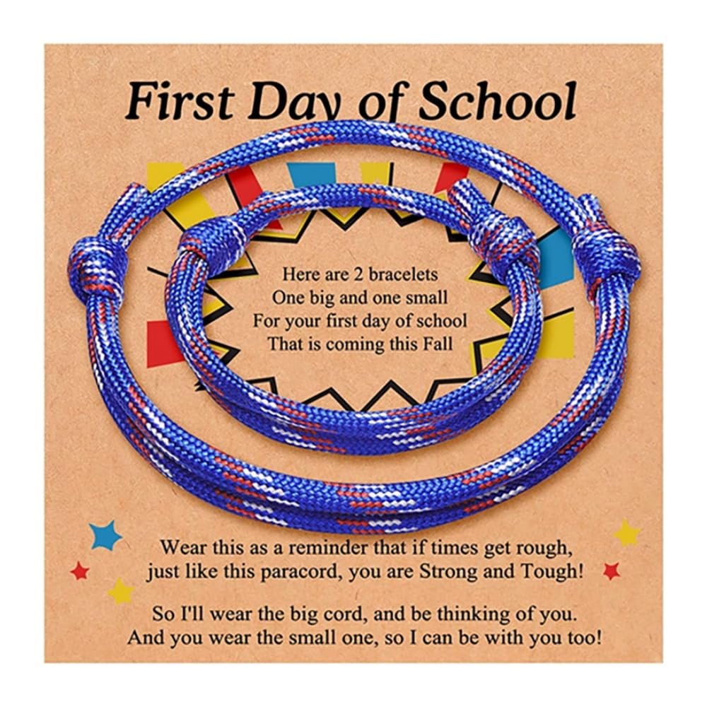 2-3Pcs First Day of School Knit Rope Bracelet Love Between Mother/Father/Mama and Daughter/Son/Me Back To Scool Gifts Protection Anxiety Relief Colorful Nylon Woven Bracelet With Message Card (Blue(2Pcs), 2Pcs)