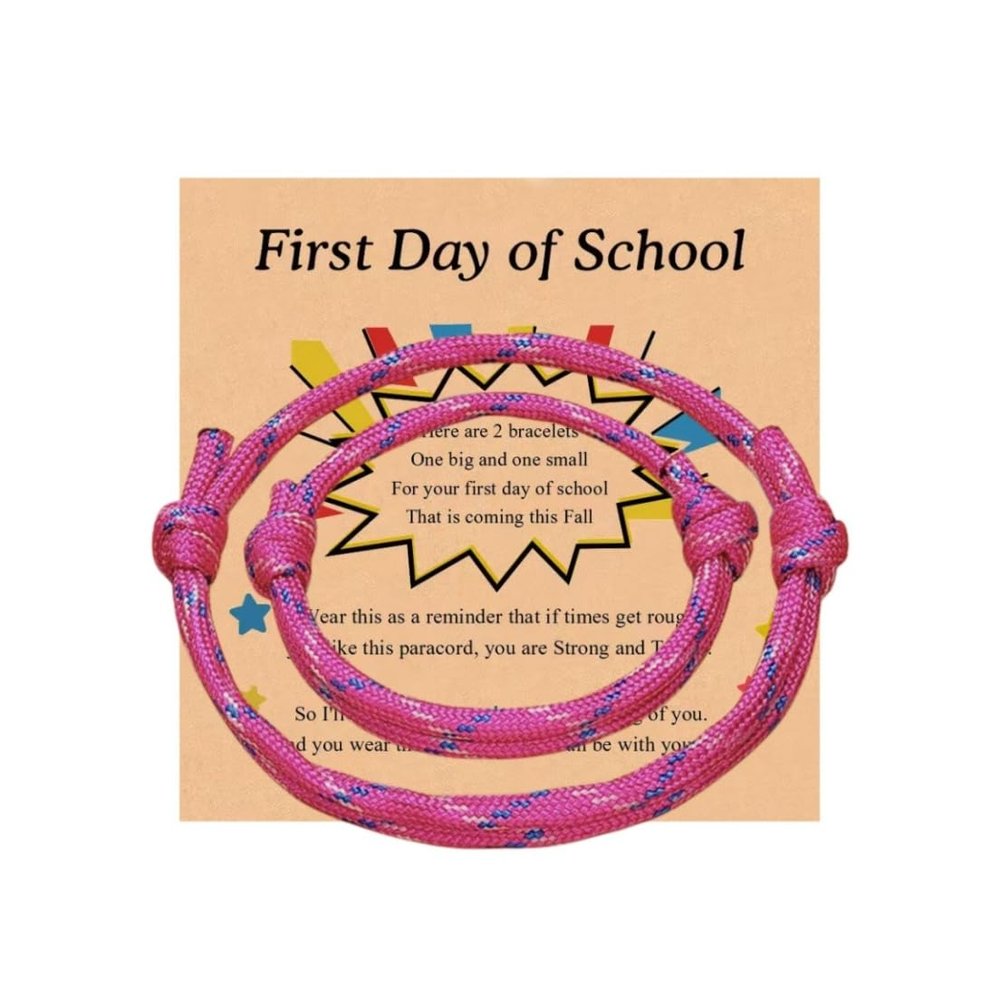 2-3Pcs First Day of School Knit Rope Bracelet Love Between Mother/Father/Mama and Daughter/Son/Me Back To Scool Gifts Protection Anxiety Relief Colorful Nylon Woven Bracelet With Message Card (Rose Pink(2Pcs), 2Pcs)