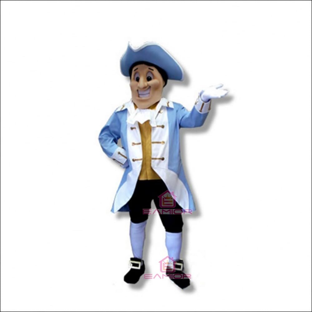 Heroic Patriot Mascot Costume in Blue Coat Adult Size for Men & Women with Built-in Fan Inside the Head