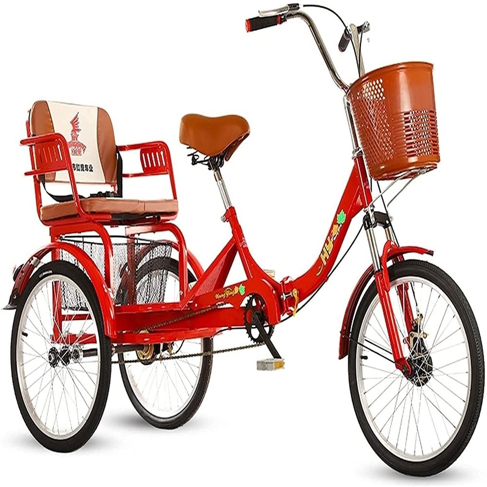 HAOKAZLBR Adult Tricycle, Adult Trikes for Shopping Travel Tricycle for Adult 3 Wheel Bike with Shock-Absorbing Front Fork and Child Back Seat 1 Speed Three-Wheeled Bicycles for Seniors, Women