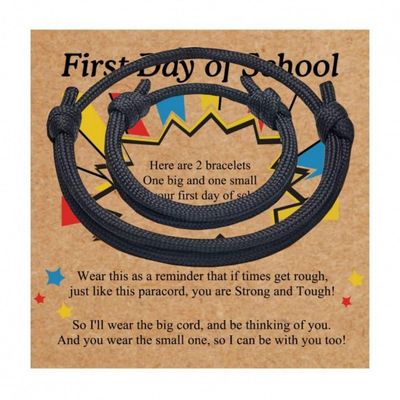 2-3Pcs First Day of School Knit Rope Bracelet Love Between Mother/Father/Mama and Daughter/Son/Me Back To Scool Gifts Protection Anxiety Relief Colorful Nylon Woven Bracelet With Message Card (Black(2Pcs), 2Pcs)