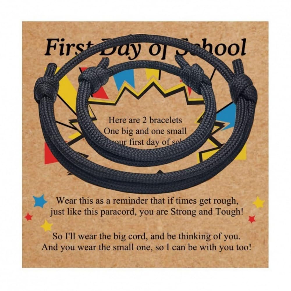2-3Pcs First Day of School Knit Rope Bracelet Love Between Mother/Father/Mama and Daughter/Son/Me Back To Scool Gifts Protection Anxiety Relief Colorful Nylon Woven Bracelet With Message Card (Black(2Pcs), 2Pcs)