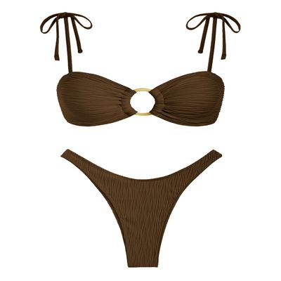 ZAFUL Women's Sexy Tie Spaghetti Strap Bikini Textured O Ring Ruched High Leg Swimsuit Cheeky Bathing Suits (Deep Coffee, M)