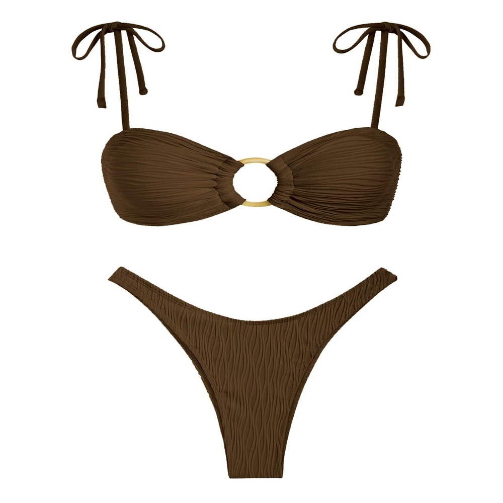 ZAFUL Women's Sexy Tie Spaghetti Strap Bikini Textured O Ring Ruched High Leg Swimsuit Cheeky Bathing Suits (Deep Coffee, M)