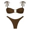 ZAFUL Women's Sexy Tie Spaghetti Strap Bikini Textured O Ring Ruched High Leg Swimsuit Cheeky Bathing Suits (Deep Coffee, M) view 1