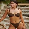 ZAFUL Women's Sexy Tie Spaghetti Strap Bikini Textured O Ring Ruched High Leg Swimsuit Cheeky Bathing Suits (Deep Coffee, M) view 2