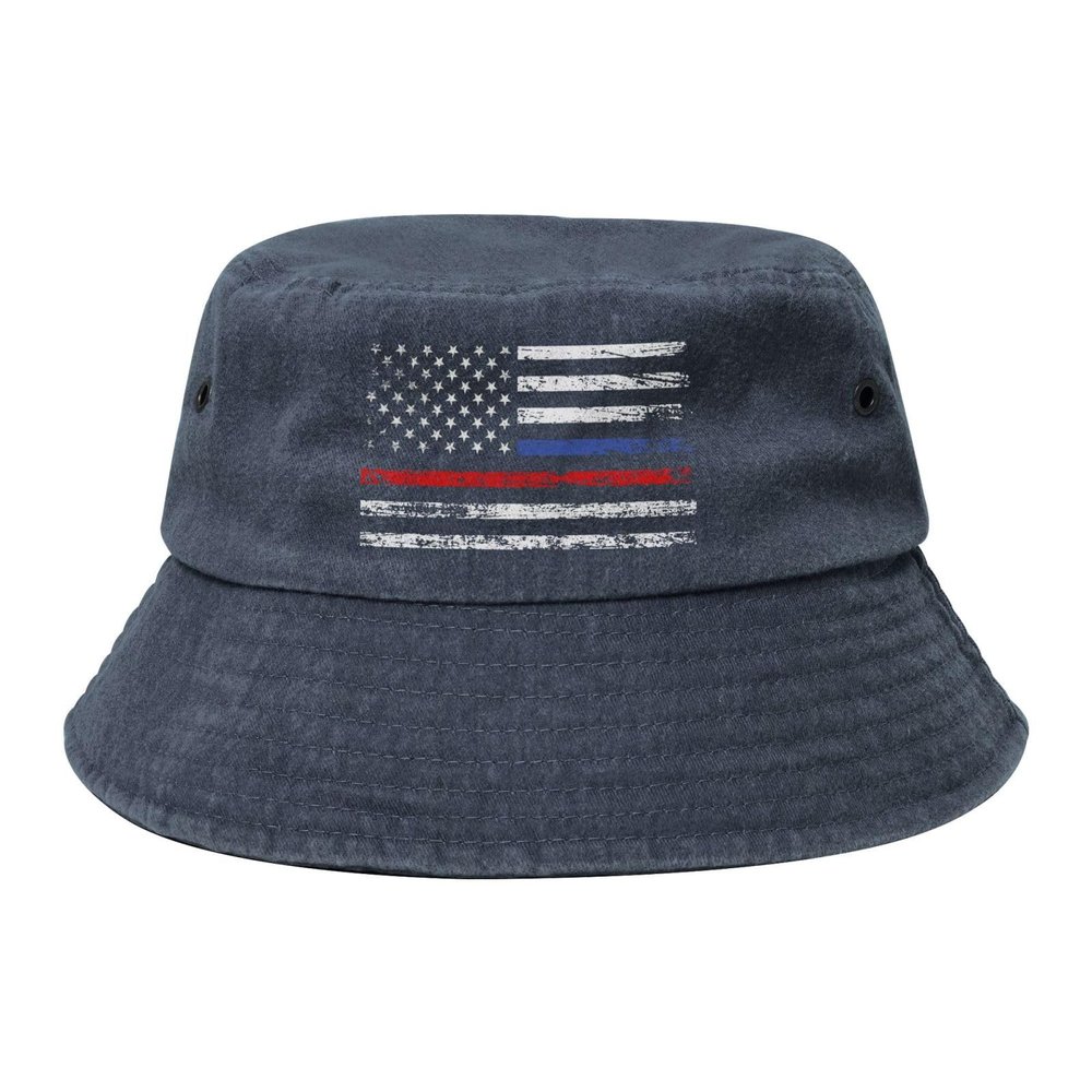 an American Flag with Police and Firefighter Stripes Bucket Hat for Women Men Outdoor Sun Hat Summer Beach Travel Fishing Cap Navy Blue