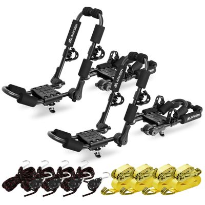 ARKSEN 2 Pair Universal Folding Kayak Roof Rack Heavy Duty Adjustable J-Bar Kayak and Canoe Carrier with 4 Lashing Straps, 4 Stern Tie Down Straps for Cars, SUVs, and Trucks