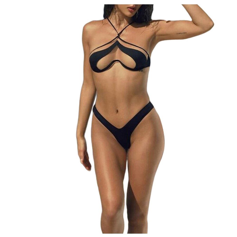 One Piece Swimsuit Women Tummy Control, Summer Sexy Cutout Swimsuit Solid Color High Waist Bikini Two Piece Bathing Suit Womens Swim Dresses Bathing Suits Supportive Bathing (S, Black)
