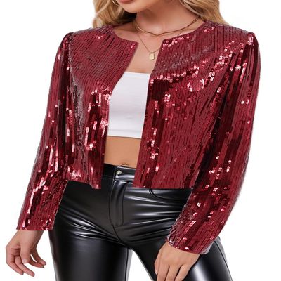 TYNORA Womens Sequin Jackets Long Sleeve Open Front Coat Glitter Short Blazer Casual Coat Party Club Red M