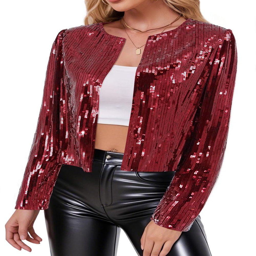 TYNORA Womens Sequin Jackets Long Sleeve Open Front Coat Glitter Short Blazer Casual Coat Party Club Red M