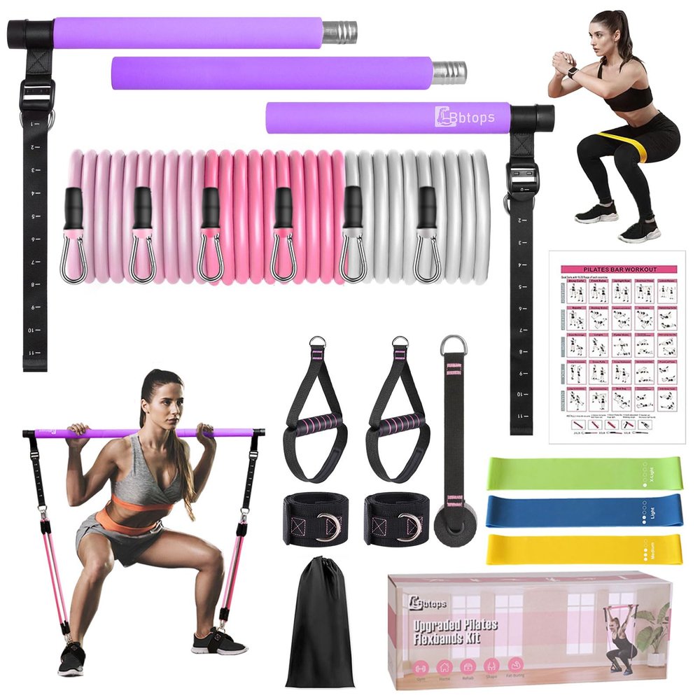 Pilates Bar Kit with Resistance Bands, Upgraded Multifunctional Screw Yoga Pilates Bar with Metal Adjustment Buckle, Portable Home Gym Pilates Bar for Women Full Body Workout Equipment Purple