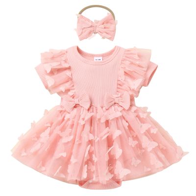 ODASDO Baby Girl Butterfly Dress Infant Toddler Kids My 1st First Birthday Cake Smash Outfits One Year Old Party Photo Shooting Ribbed Knit Cotton Short Sleeve Princess Tutu Tulle Dress Pink 12-18M